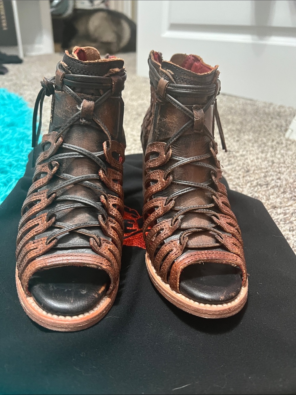freebird Brown Leather Lace-Up Peep-Toe Sandals